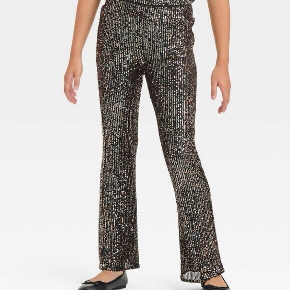 Girls' Sequin Flare Party Pants - Cat & Jack Black Size Large New - Picture 1 of 3